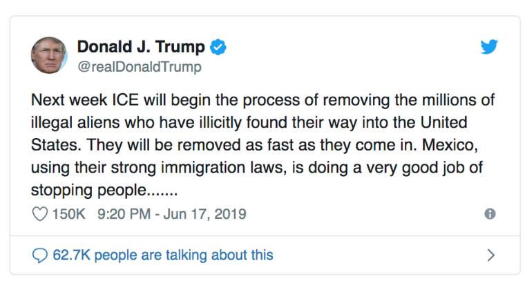 Trump Tweets Impending ICE Raids