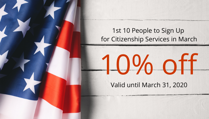 10% off citizenship services in March 2020